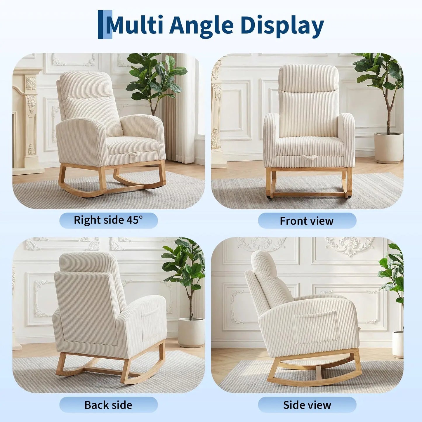 Corduroy Nursery Rocking Chair, Tufted Glider Rocker with Adjustable Footrest & Side Pocket for Bedroom Living Room