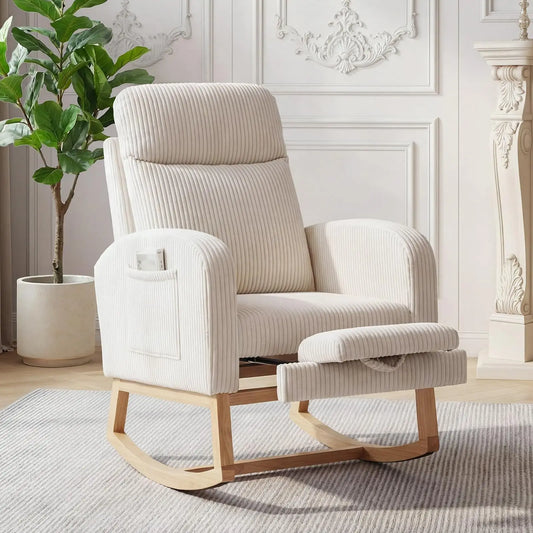 Corduroy Nursery Rocking Chair, Tufted Glider Rocker with Adjustable Footrest & Side Pocket for Bedroom Living Room