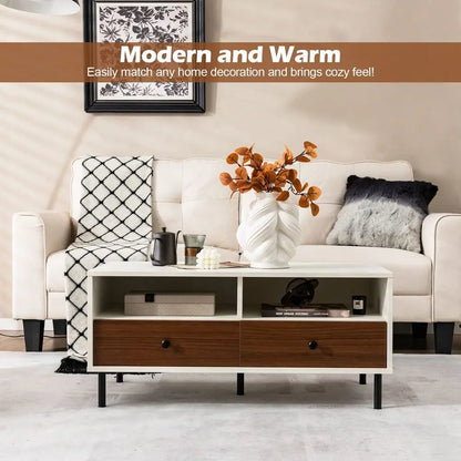 Rectangle Sofa Center Table with 2 Open Shelves 2 Drawers, Sturdy Metal Legs, Wood Accent End
