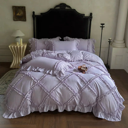 4Pcs French Princess Style Ruffles Bedding Set Double King Queen Size  Bedroom Duvet Cover