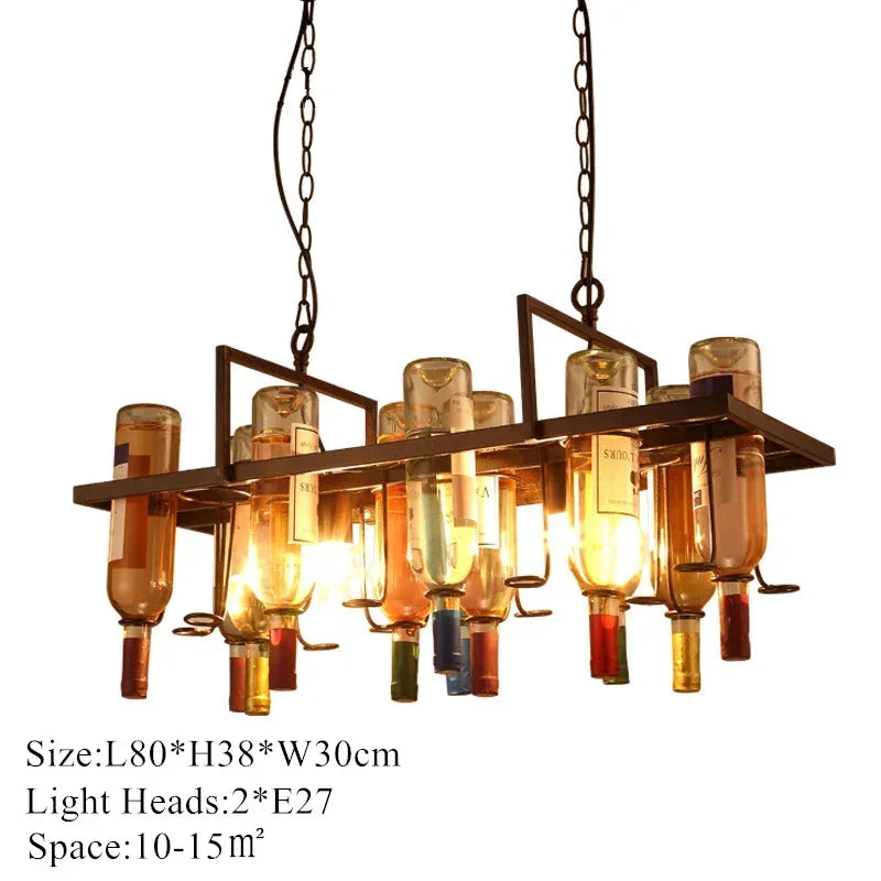 American Retro Industrial Rust Metal Colored Wine Bottle Glass Chandelier LED