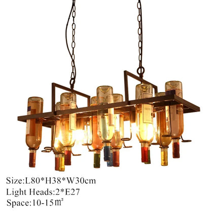 American Retro Industrial Rust Metal Colored Wine Bottle Glass Chandelier LED