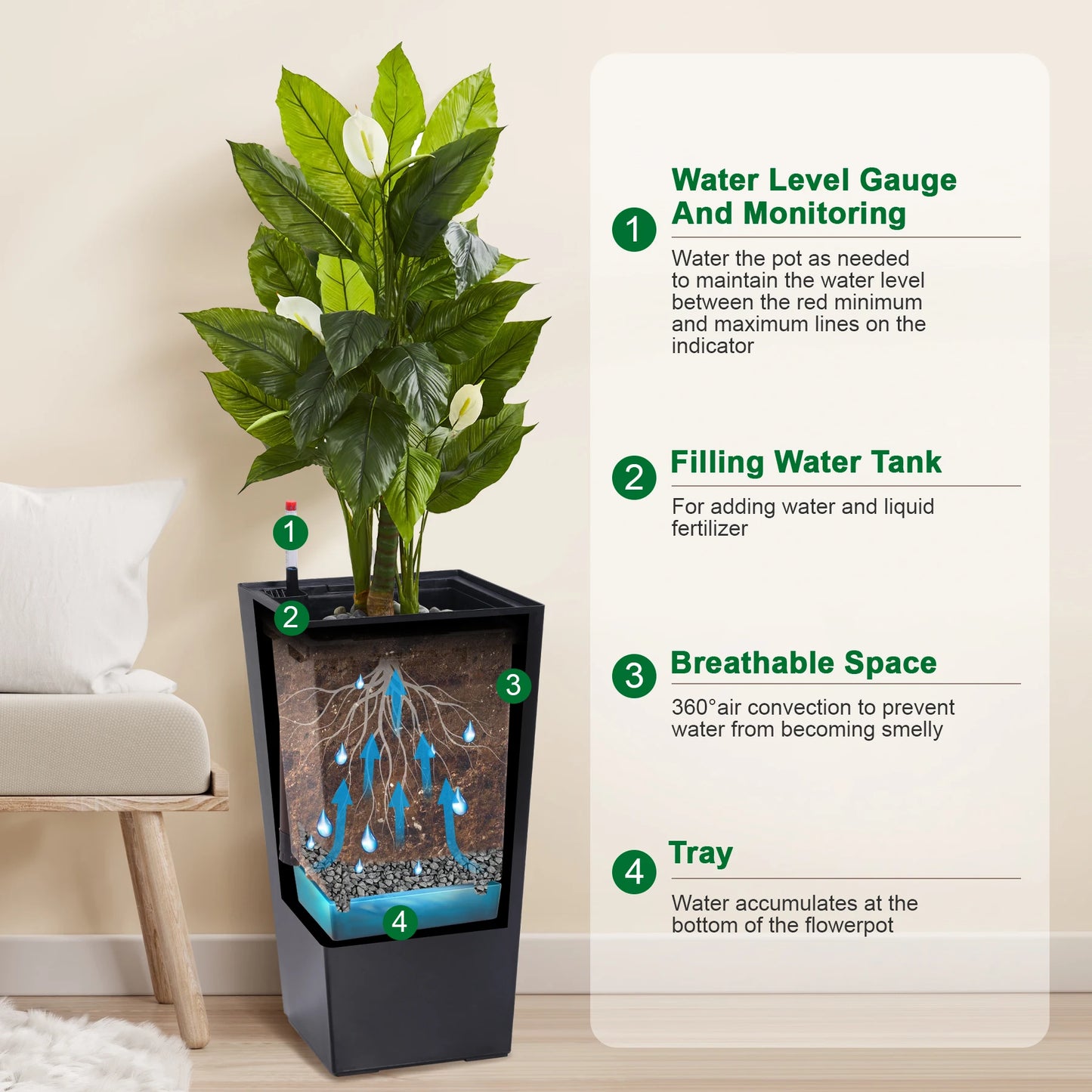 2pcs Planters Outdoor Indoor Planter Pots, High Front Porch Planter Pots with Drainage Holes Auto Watering,