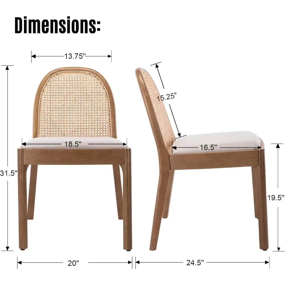 Linen Dining Chairs Set of 2, Natural Woven Cane Back Side Chairs with Solid Wood Legs Mid Century ,Customized