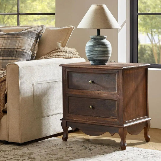 Walnut Living Room Side Table with Dual USB Charging Ports and Storage Organizer