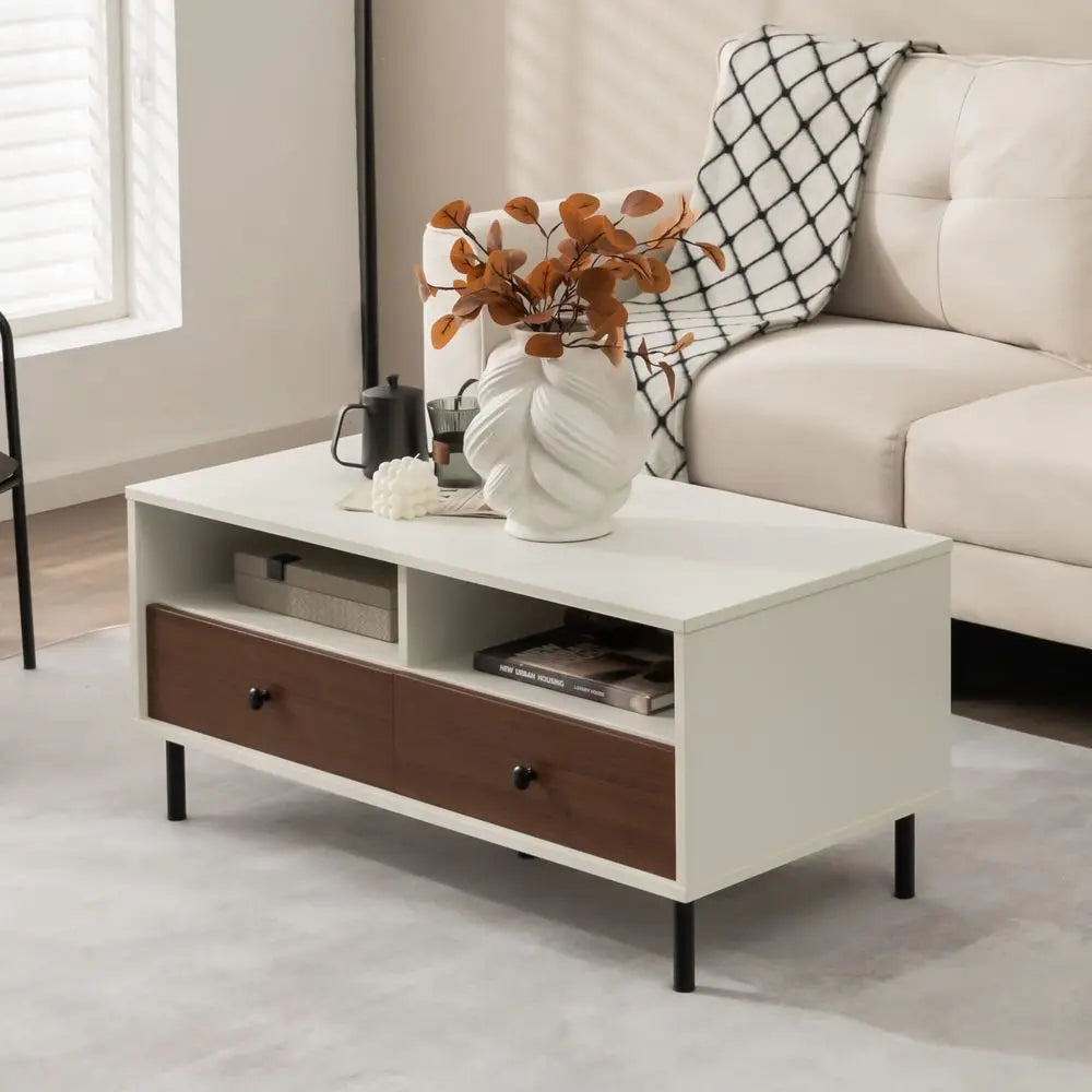 Rectangle Sofa Center Table with 2 Open Shelves 2 Drawers, Sturdy Metal Legs, Wood Accent End