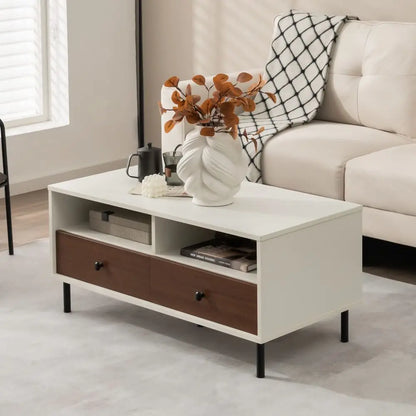Rectangle Sofa Center Table with 2 Open Shelves 2 Drawers, Sturdy Metal Legs, Wood Accent End
