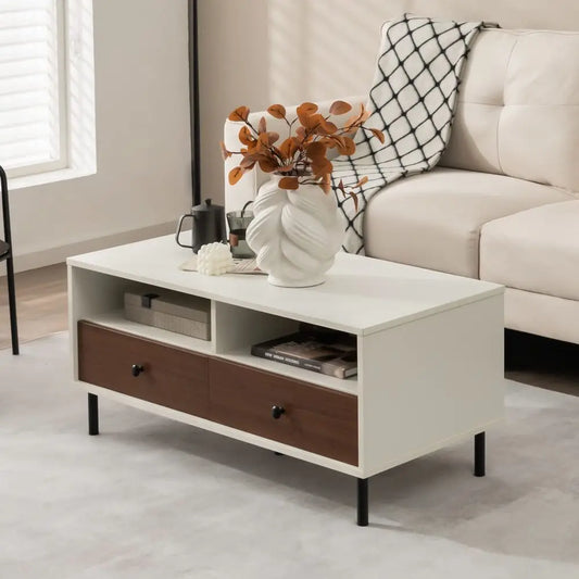Rectangle Sofa Center Table with 2 Open Shelves 2 Drawers, Sturdy Metal Legs, Wood Accent End
