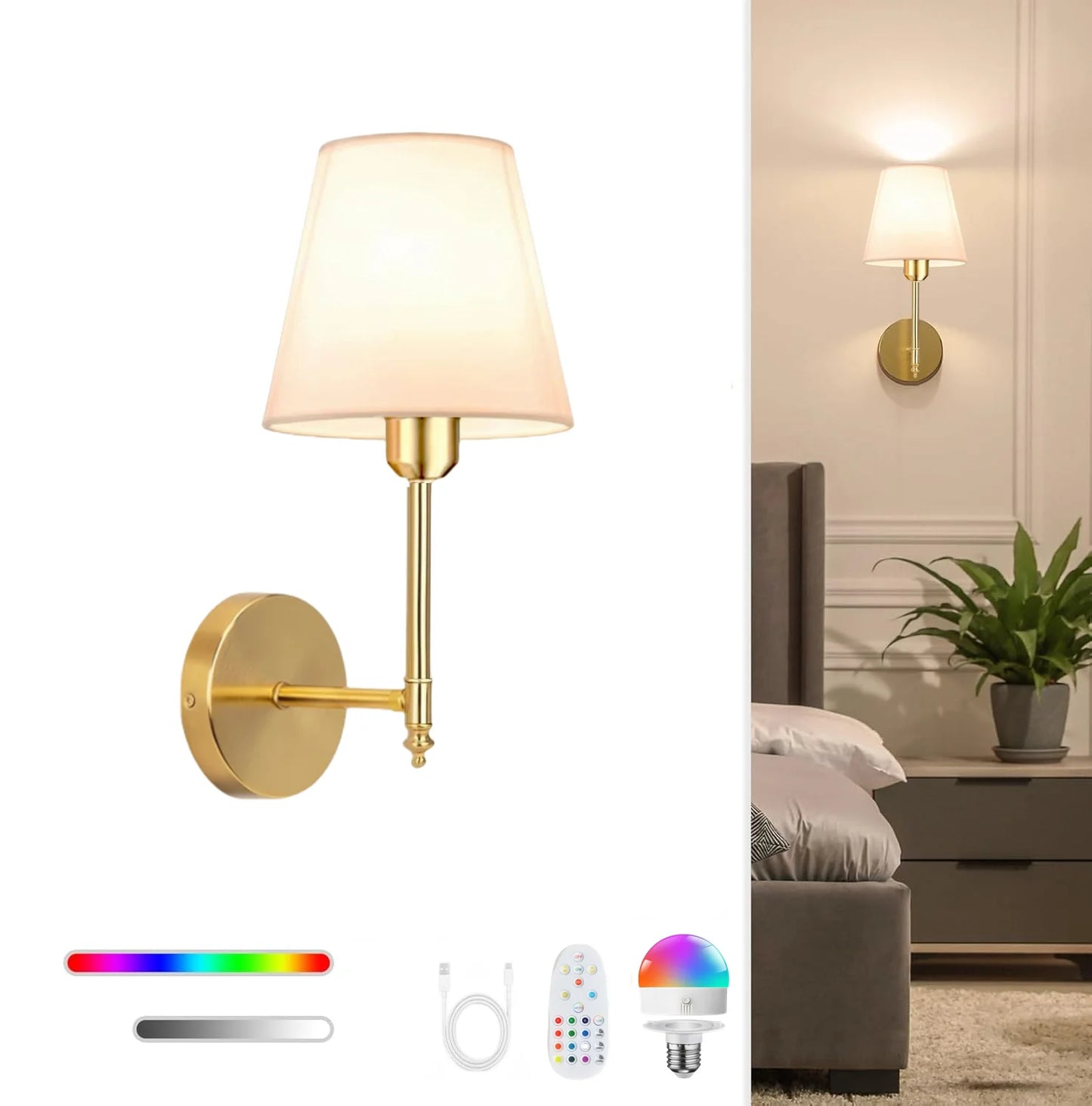 Wireless Rechargeable Battery-Powered Wall Light with 4000 Mah, Dimmable, Detachable Bulb and Remote Control, 1