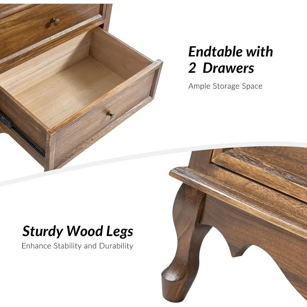 Walnut Living Room Side Table with Dual USB Charging Ports and Storage Organizer