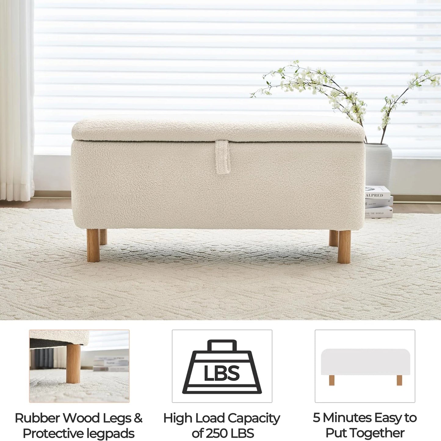 39.5" Boucle Storage Ottoman Bench