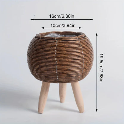 Charming Rustic Rattan Planter With Wooden Legs -  For Indoor/Outdoor Plants & Decor
