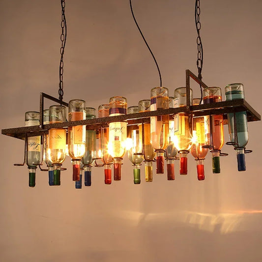 American Retro Industrial Rust Metal Colored Wine Bottle Glass Chandelier LED