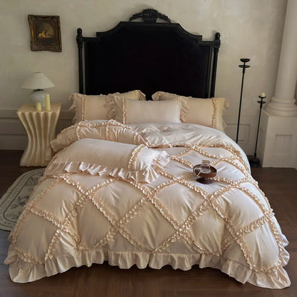4Pcs French Princess Style Ruffles Bedding Set Double King Queen Size  Bedroom Duvet Cover