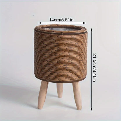 Charming Rustic Rattan Planter With Wooden Legs -  For Indoor/Outdoor Plants & Decor