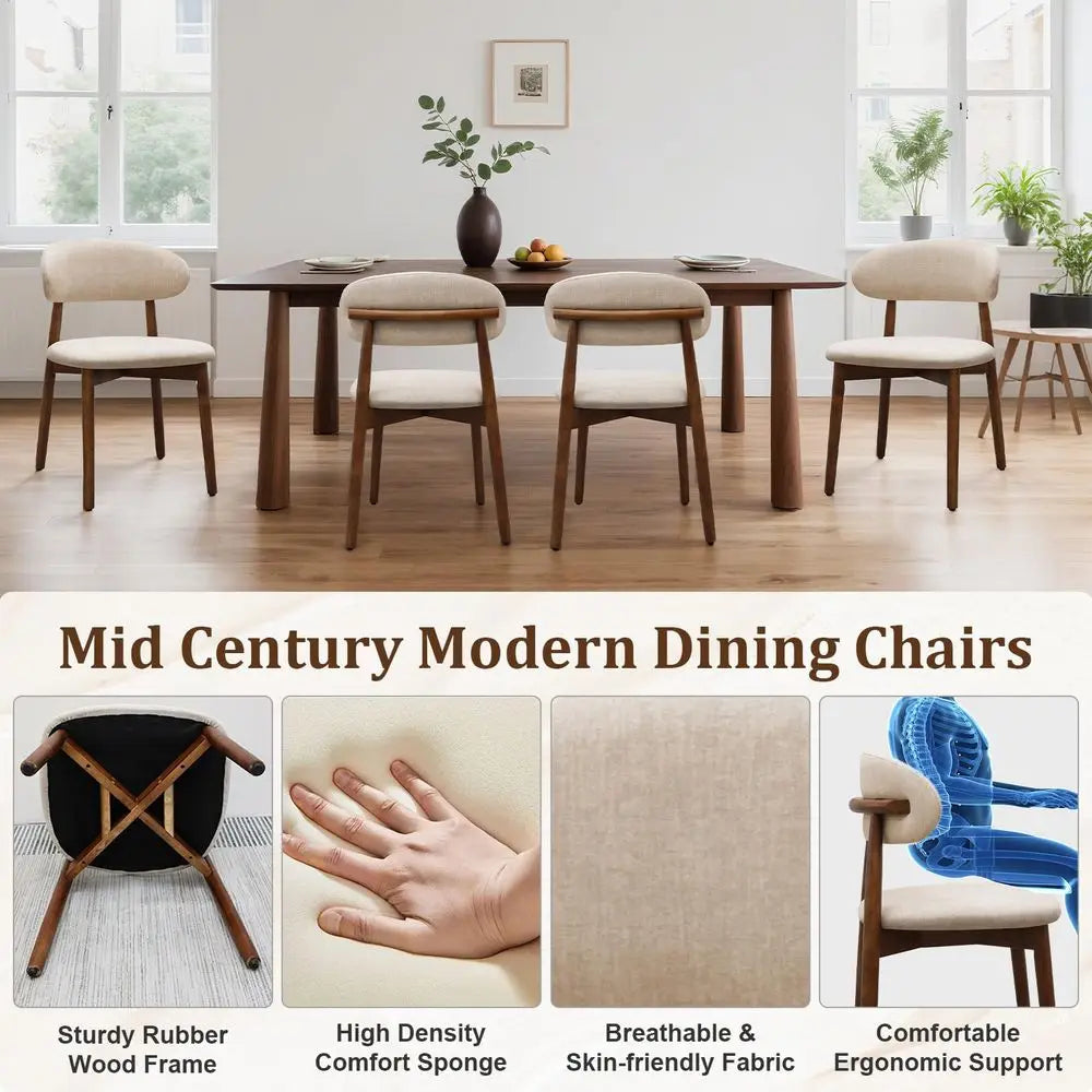 Dining Chairs Set of 4, Mid Century Modern Fabric Upholstered Kitchen Chairs