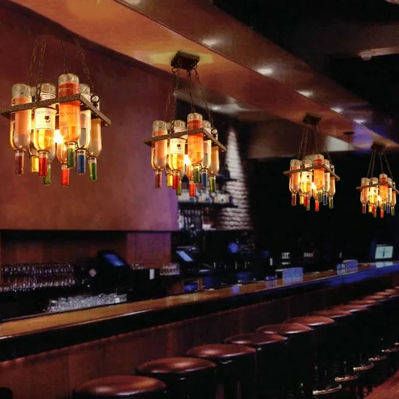 American Retro Industrial Rust Metal Colored Wine Bottle Glass Chandelier LED