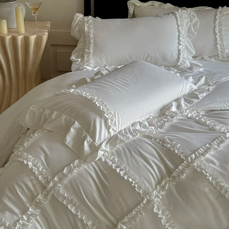 4Pcs French Princess Style Ruffles Bedding Set Double King Queen Size  Bedroom Duvet Cover