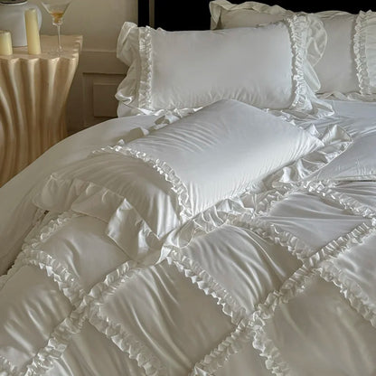 4Pcs French Princess Style Ruffles Bedding Set Double King Queen Size  Bedroom Duvet Cover