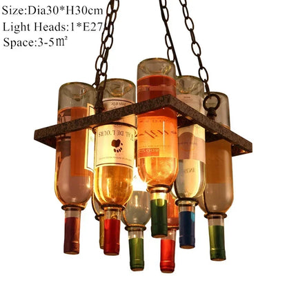American Retro Industrial Rust Metal Colored Wine Bottle Glass Chandelier LED