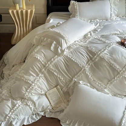 4Pcs French Princess Style Ruffles Bedding Set Double King Queen Size  Bedroom Duvet Cover