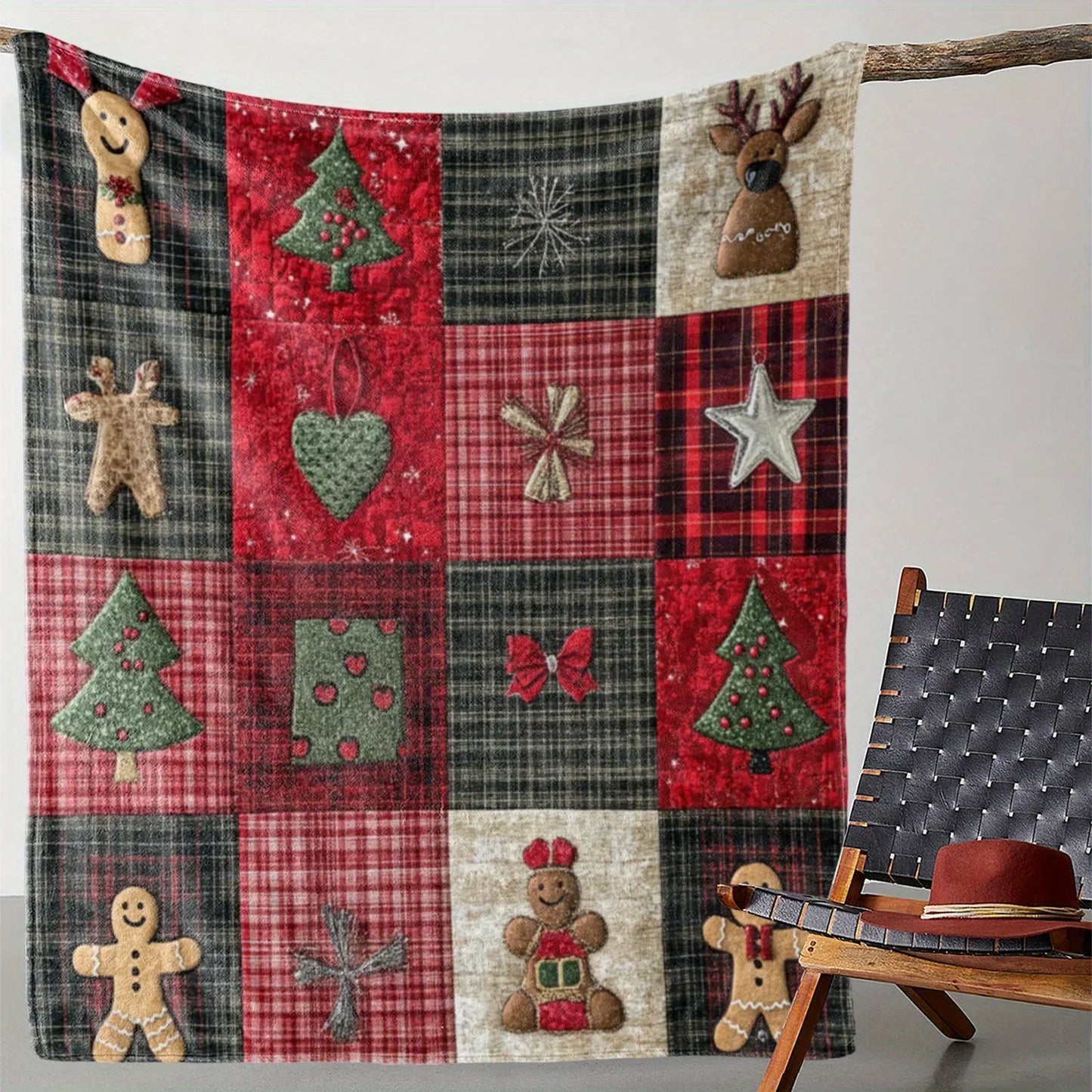 1PC Rustic Plaid Christmas Throw Blanket-Soft Warm Knitted Polyester Flannel,Gingerbread Man Tree Floral Print Holiday Decor