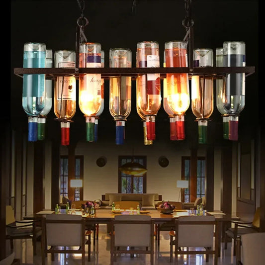 American Retro Industrial Rust Metal Colored Wine Bottle Glass Chandelier LED