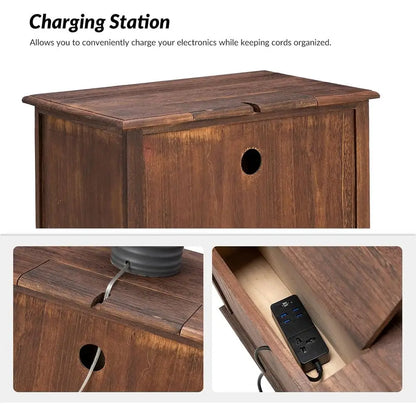 Walnut Living Room Side Table with Dual USB Charging Ports and Storage Organizer