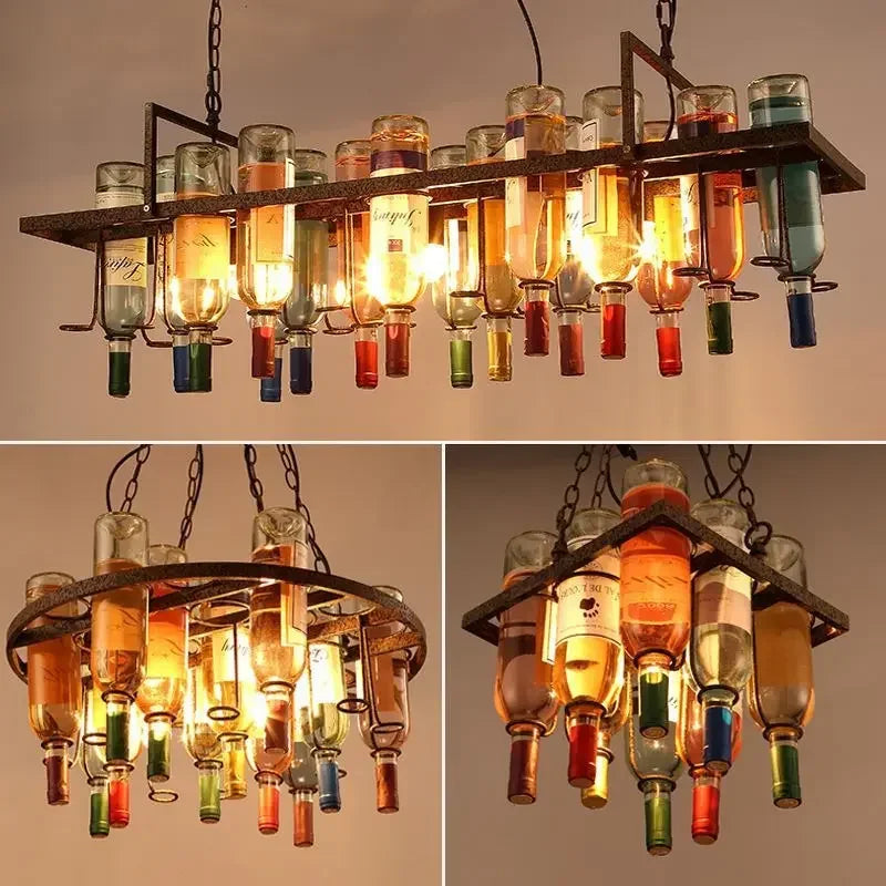American Retro Industrial Rust Metal Colored Wine Bottle Glass Chandelier LED