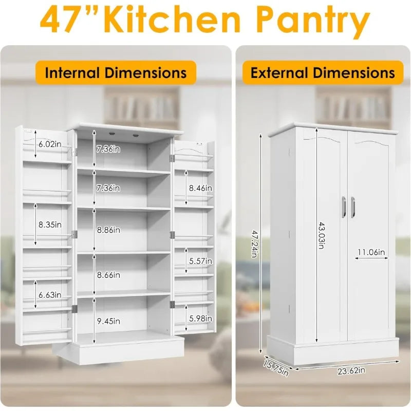 Freestanding Pantry Cabinet with Adjustable Shelves and Doors