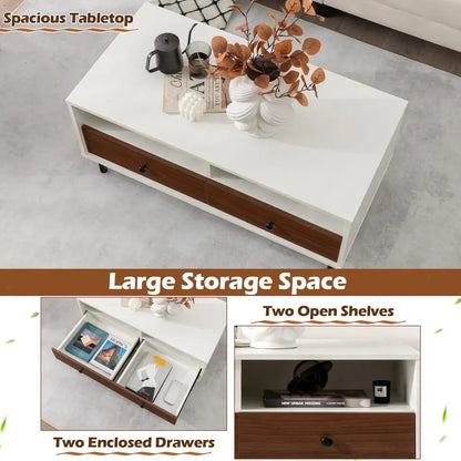 Rectangle Sofa Center Table with 2 Open Shelves 2 Drawers, Sturdy Metal Legs, Wood Accent End