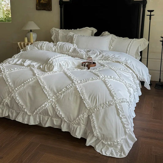4Pcs French Princess Style Ruffles Bedding Set Double King Queen Size  Bedroom Duvet Cover