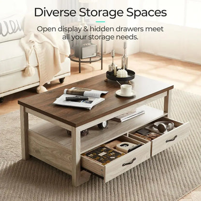 Farmhouse Coffee Table with Storage, Wood Coffee Table for Living Room, Open Display Area and Storage Drawers with Metal Handles