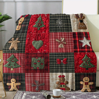 1PC Rustic Plaid Christmas Throw Blanket-Soft Warm Knitted Polyester Flannel,Gingerbread Man Tree Floral Print Holiday Decor