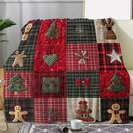 1PC Rustic Plaid Christmas Throw Blanket-Soft Warm Knitted Polyester Flannel,Gingerbread Man Tree Floral Print Holiday Decor
