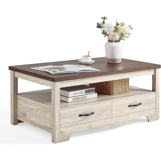 Farmhouse Coffee Table with Storage, Wood Coffee Table for Living Room, Open Display Area and Storage Drawers with Metal Handles