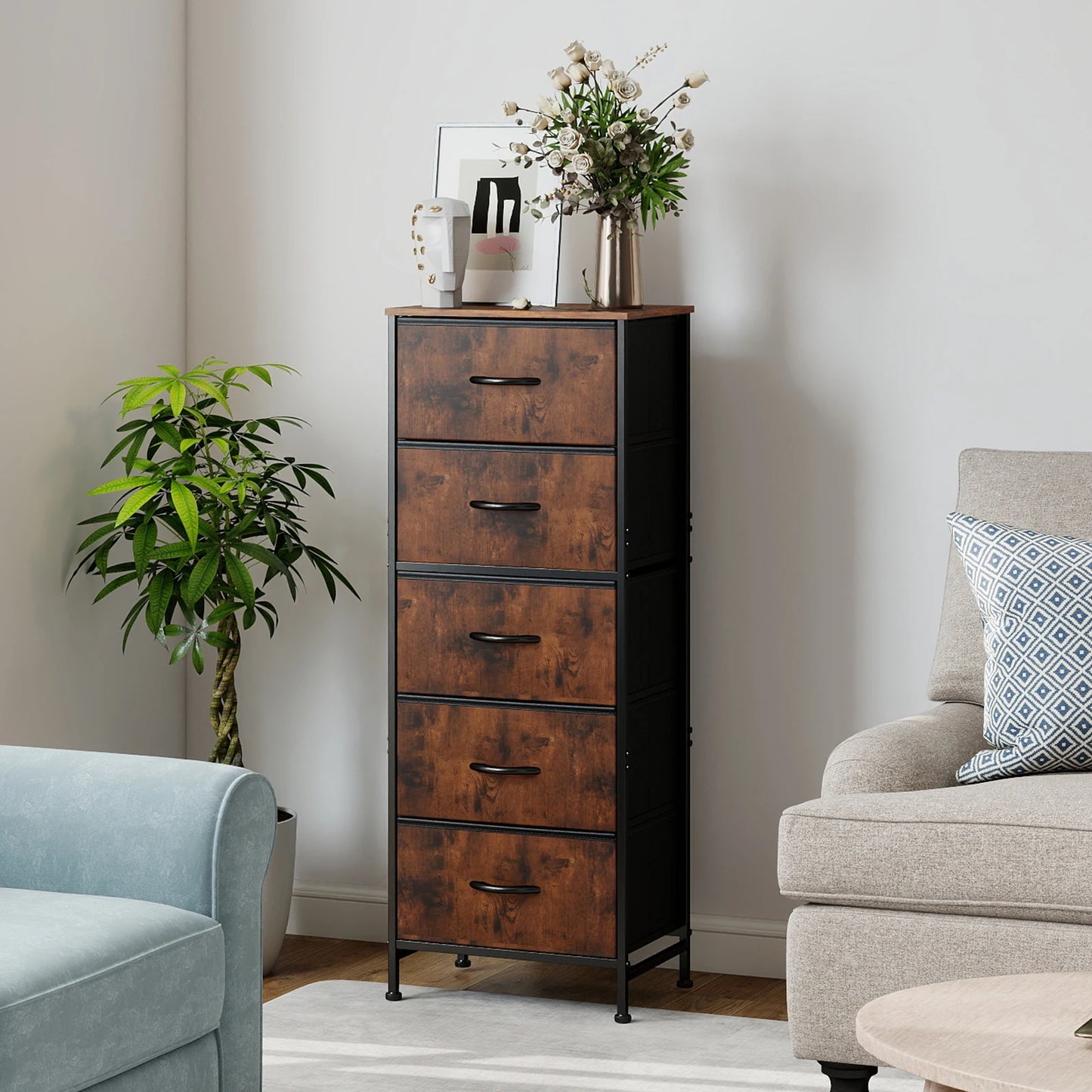 48IN Dresser For Bedroom With 5 Fabric Drawers Ne Steel Frame