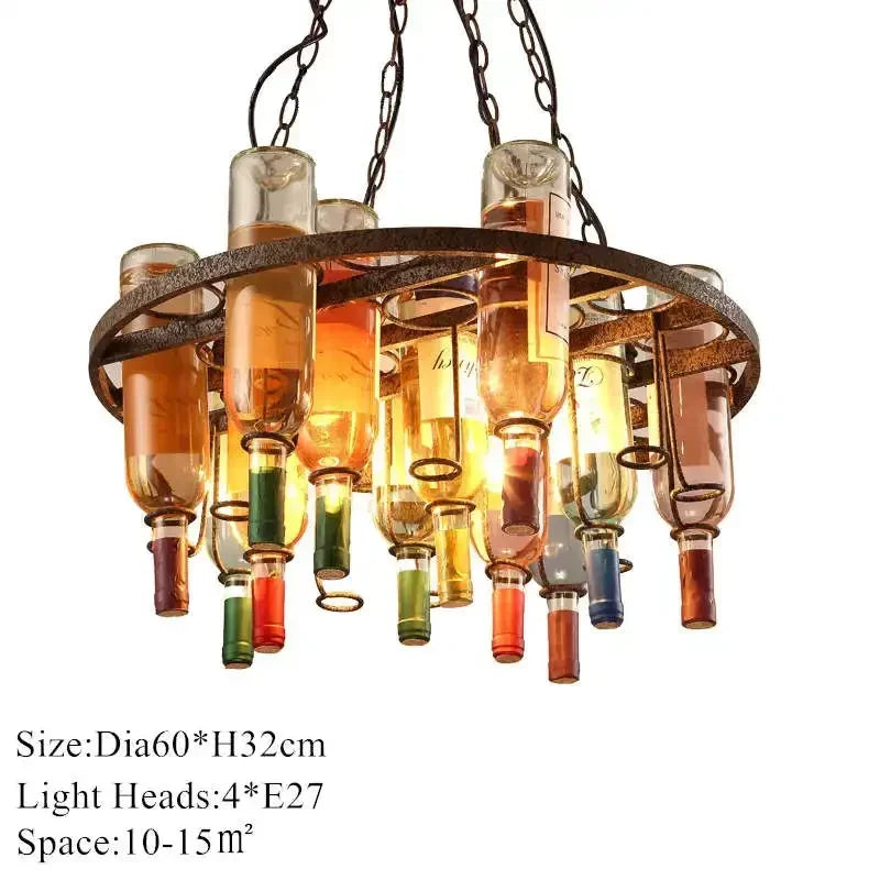 American Retro Industrial Rust Metal Colored Wine Bottle Glass Chandelier LED