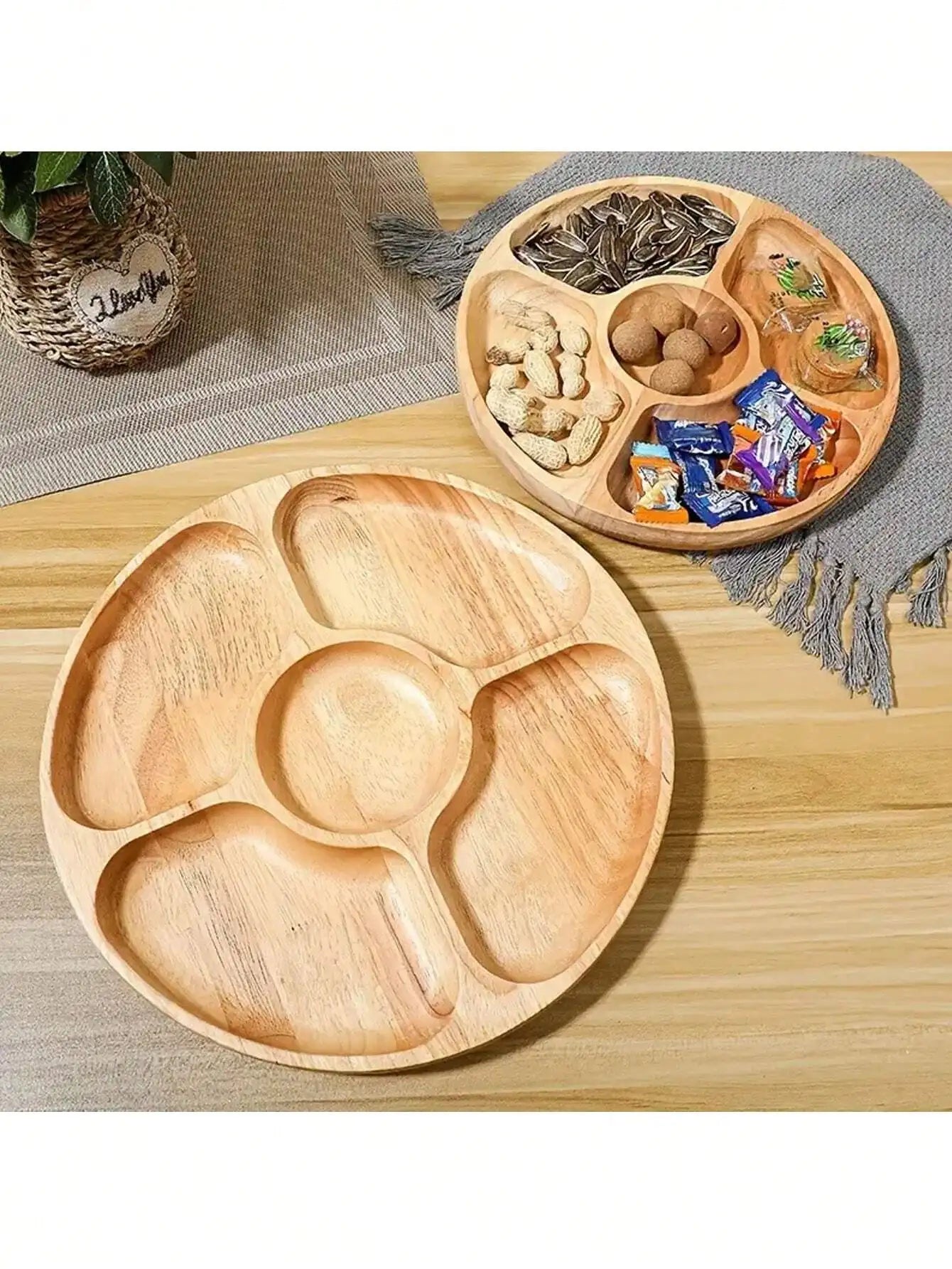 5-Compartment Round Wooden Tray