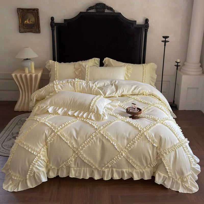 4Pcs French Princess Style Ruffles Bedding Set Double King Queen Size  Bedroom Duvet Cover