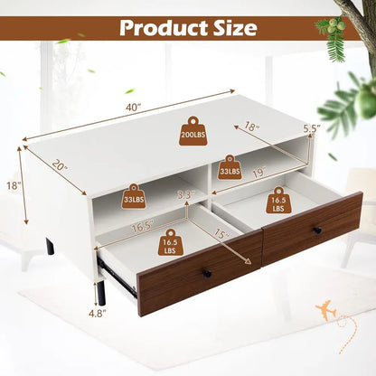 Rectangle Sofa Center Table with 2 Open Shelves 2 Drawers, Sturdy Metal Legs, Wood Accent End