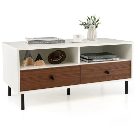 Rectangle Sofa Center Table with 2 Open Shelves 2 Drawers, Sturdy Metal Legs, Wood Accent End