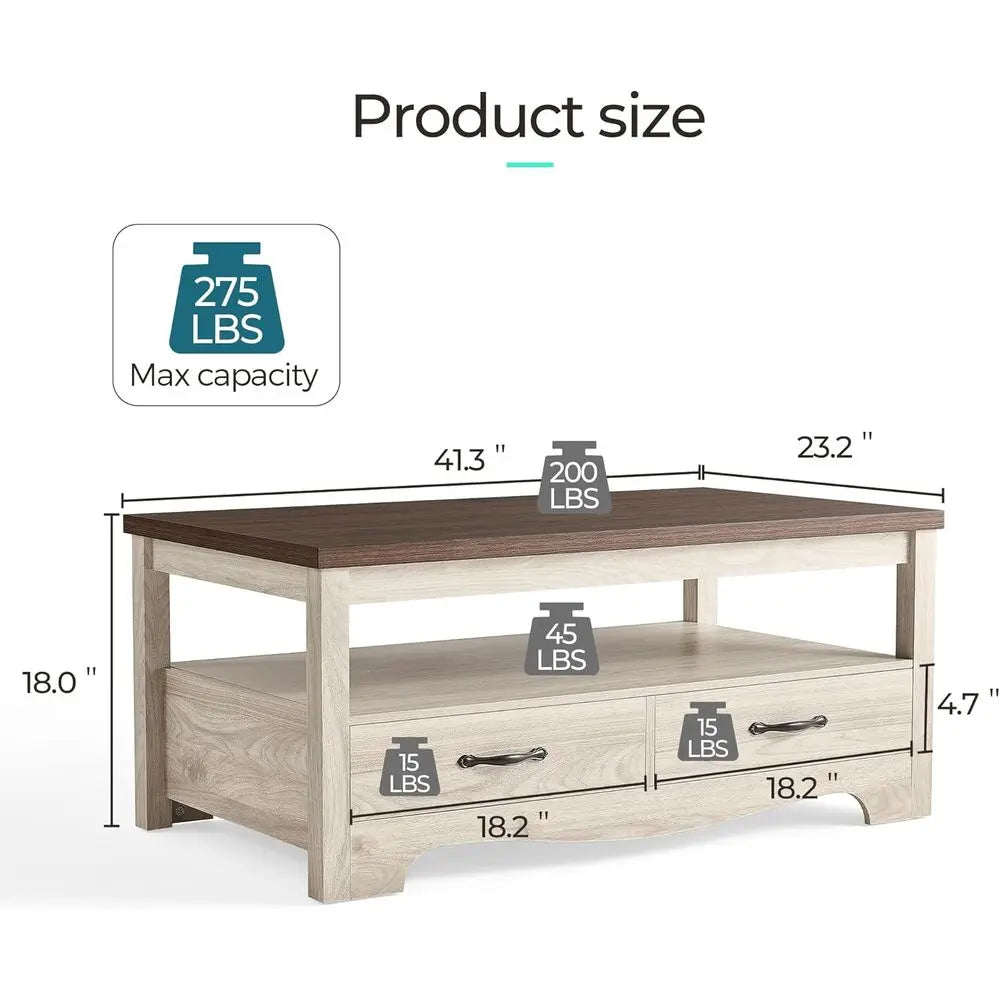 Farmhouse Coffee Table with Storage, Wood Coffee Table for Living Room, Open Display Area and Storage Drawers with Metal Handles