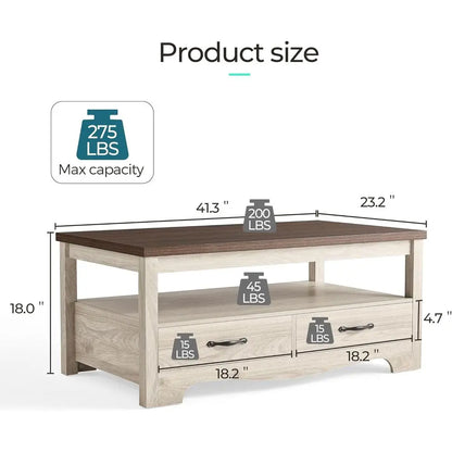 Farmhouse Coffee Table with Storage, Wood Coffee Table for Living Room, Open Display Area and Storage Drawers with Metal Handles