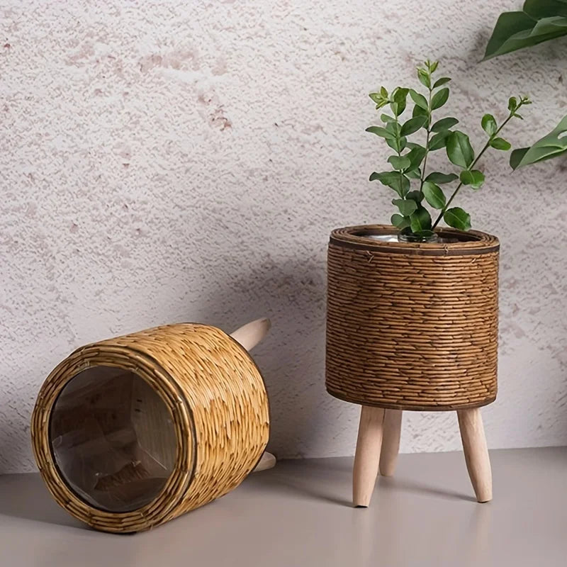 Charming Rustic Rattan Planter With Wooden Legs -  For Indoor/Outdoor Plants & Decor