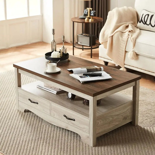 Farmhouse Coffee Table with Storage, Wood Coffee Table for Living Room, Open Display Area and Storage Drawers with Metal Handles