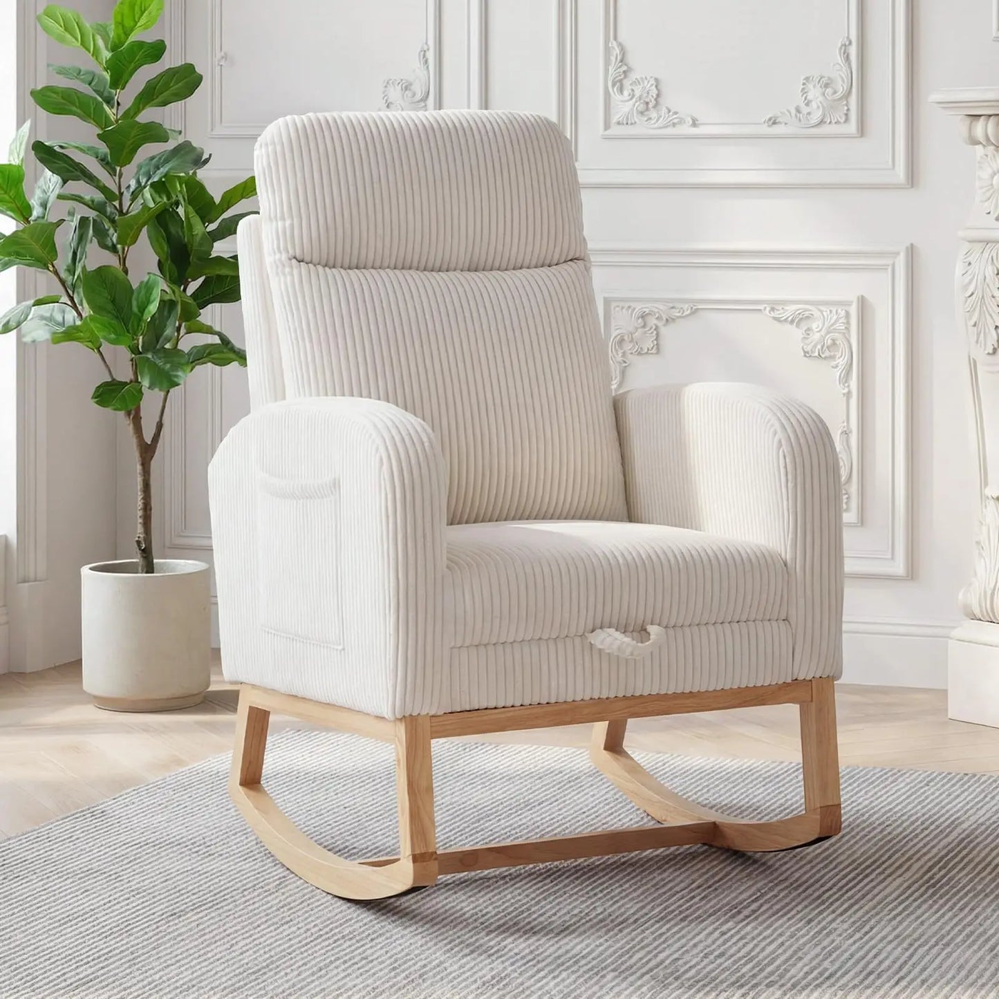 Corduroy Nursery Rocking Chair, Tufted Glider Rocker with Adjustable Footrest & Side Pocket for Bedroom Living Room