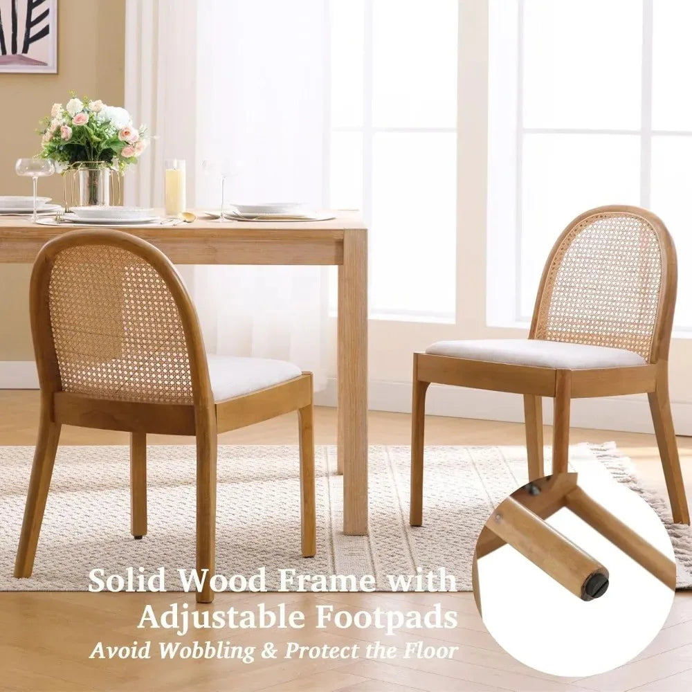 Linen Dining Chairs Set of 2, Natural Woven Cane Back Side Chairs with Solid Wood Legs Mid Century ,Customized