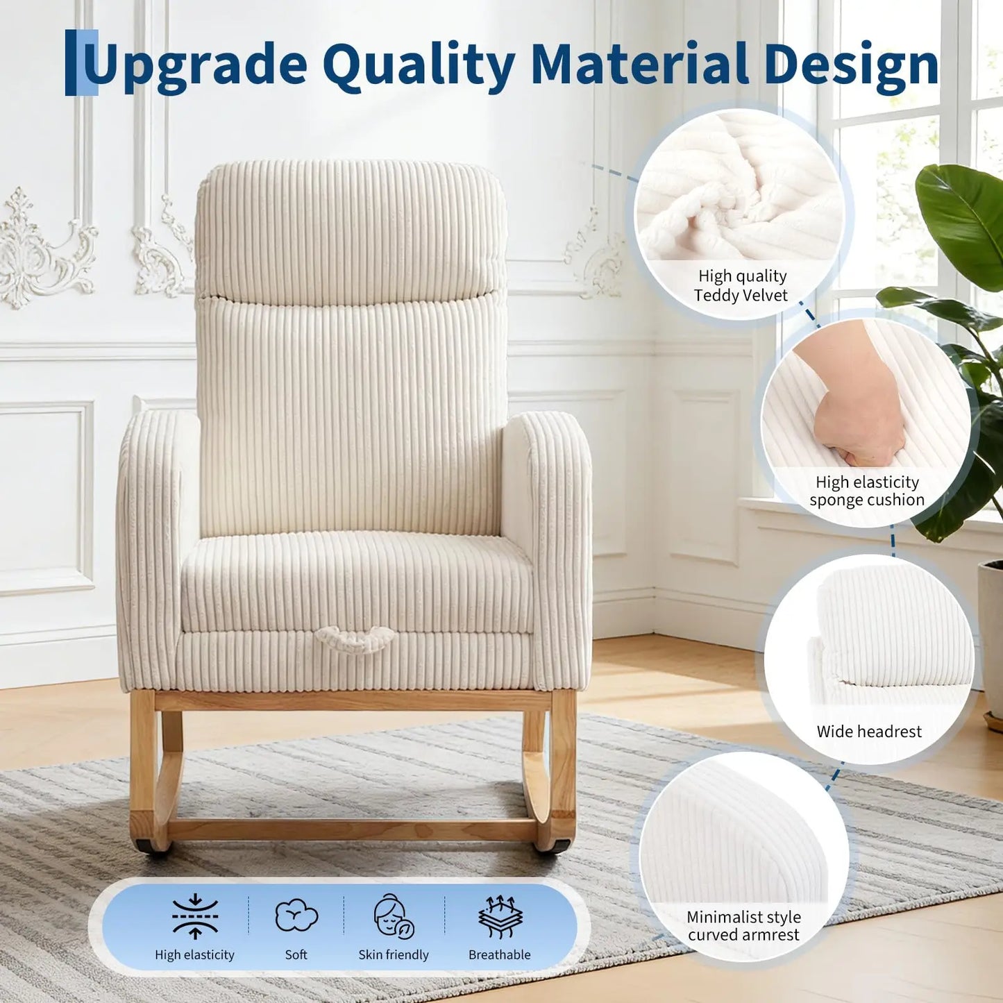 Corduroy Nursery Rocking Chair, Tufted Glider Rocker with Adjustable Footrest & Side Pocket for Bedroom Living Room