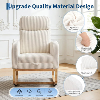 Corduroy Nursery Rocking Chair, Tufted Glider Rocker with Adjustable Footrest & Side Pocket for Bedroom Living Room